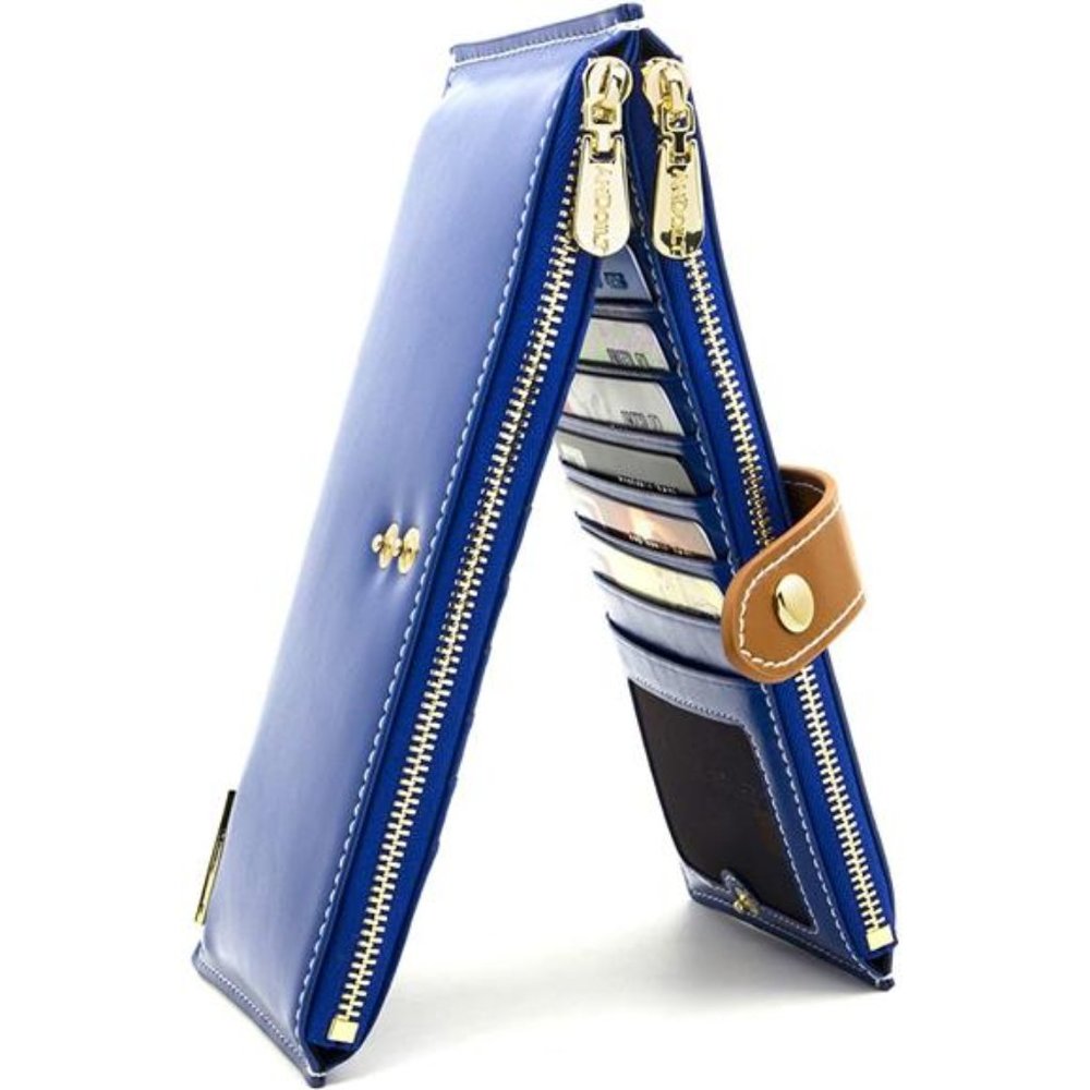 Genuine Leather Wallet Rfid Blocking Blue & Brown Closure